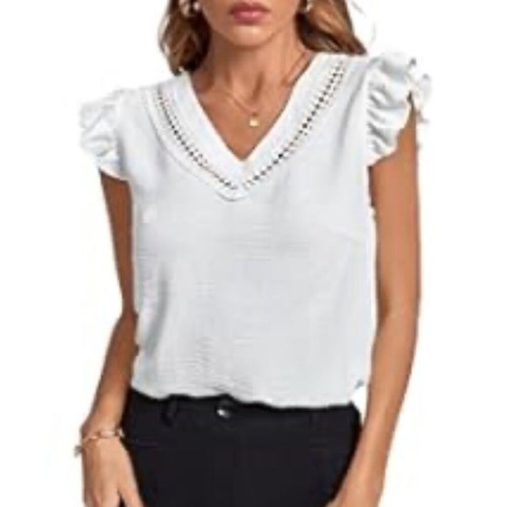 Shein White Sleeveless V-Neck Blouse With Ruffle Shoulders & Lace Trim - S